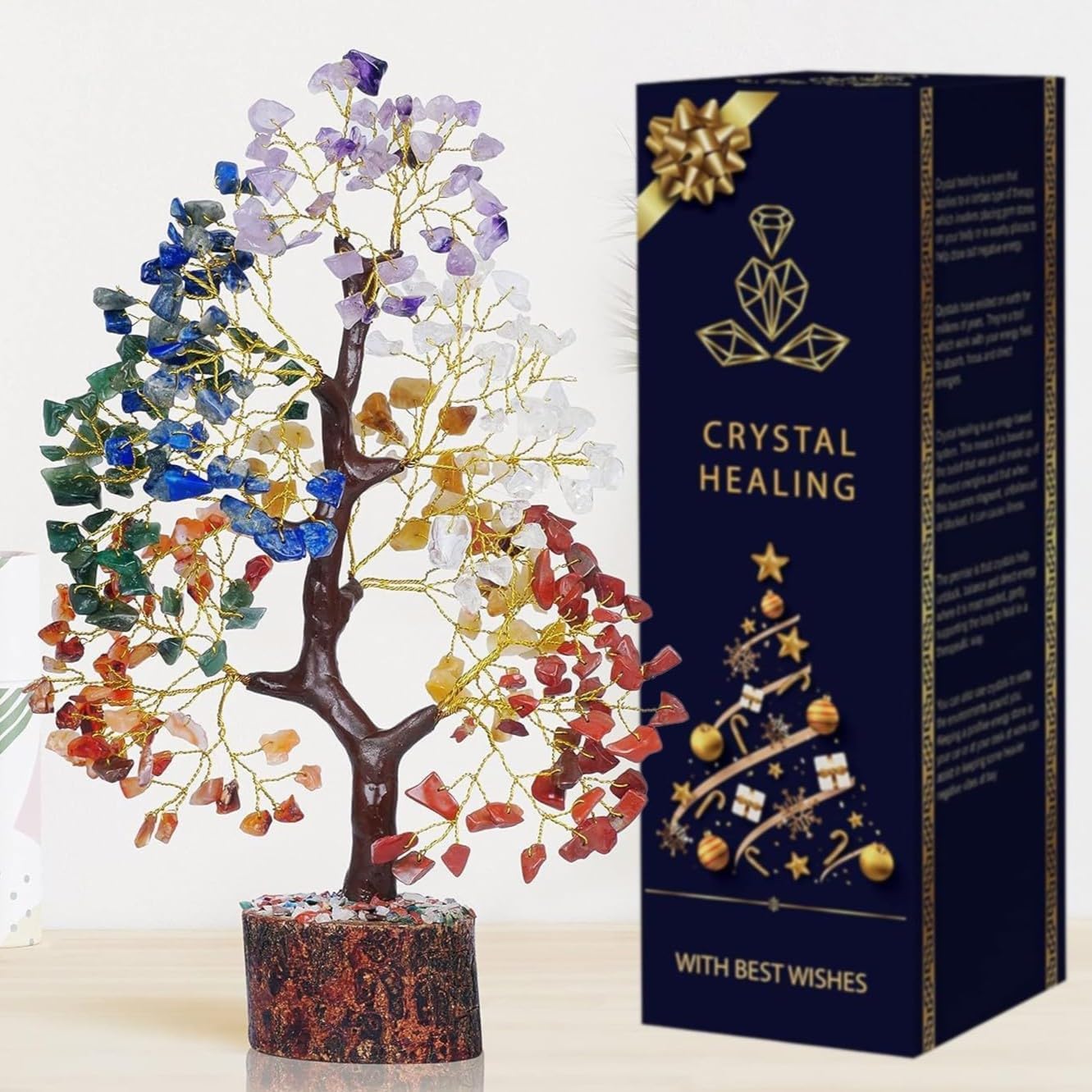 PREK Seven Chakra Crystal Tree Showpiece Good Luck Home Decor Living Room Decoration Items, Wedding Gift for Couples, Feng Shui Bonsai Money Tree of Life for Positive Energy, 11 inch Size, Multicolor