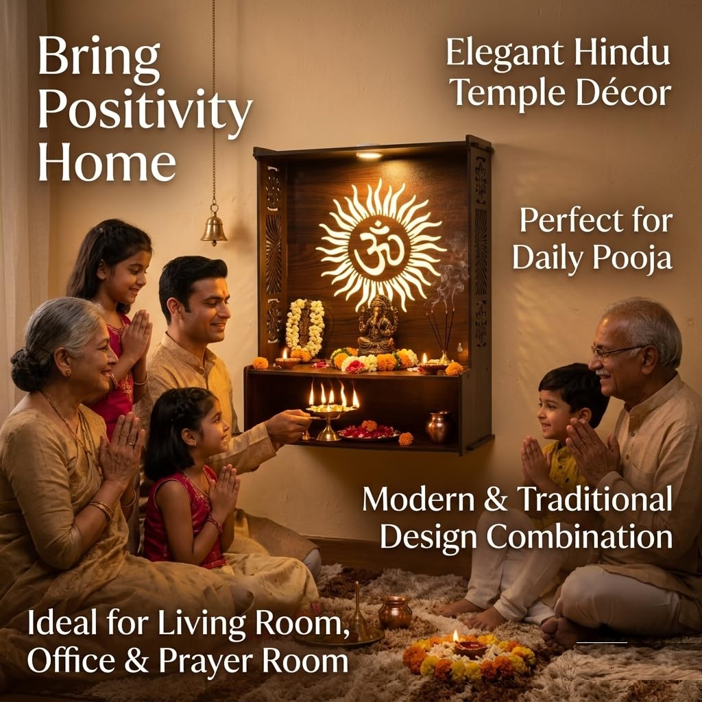 PIXIEDAISY Wooden Temple for Home with LED Light | Wall Mounted Pooja Mandir for Home & Office | Beautiful Wooden Pooja Stand for Living Room, Prayer Room & Hindu Temple Décor (Om with Jali)