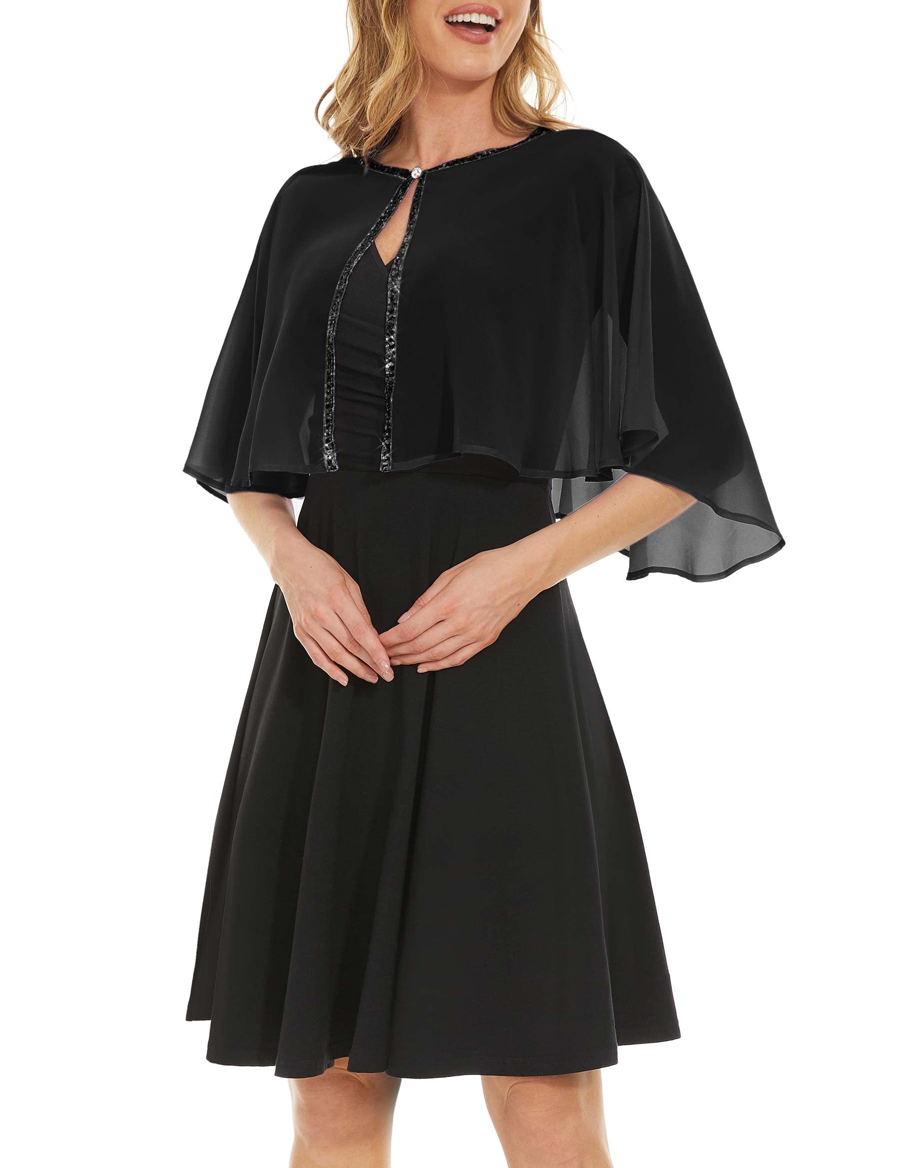Soft Chiffon Sequins Shawls and Wraps/Cape for Evening Dress Wedding Formal Occasion, Black, One Size