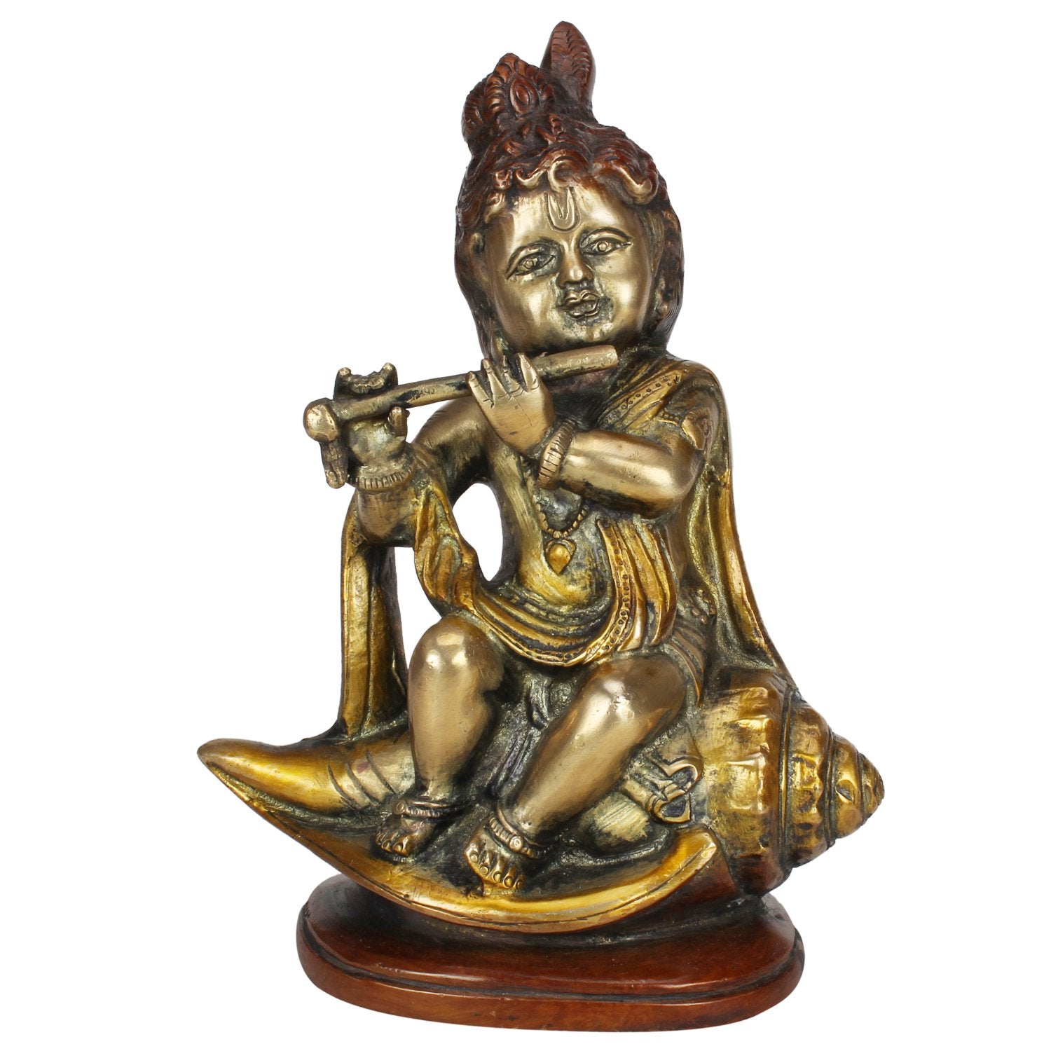 ARTVARKO Brass Lord Bal Krishna Bhagwan Playing Flute on Shankh | Religious Idol Statue for Gift Murti Bronze Color 8 Inch