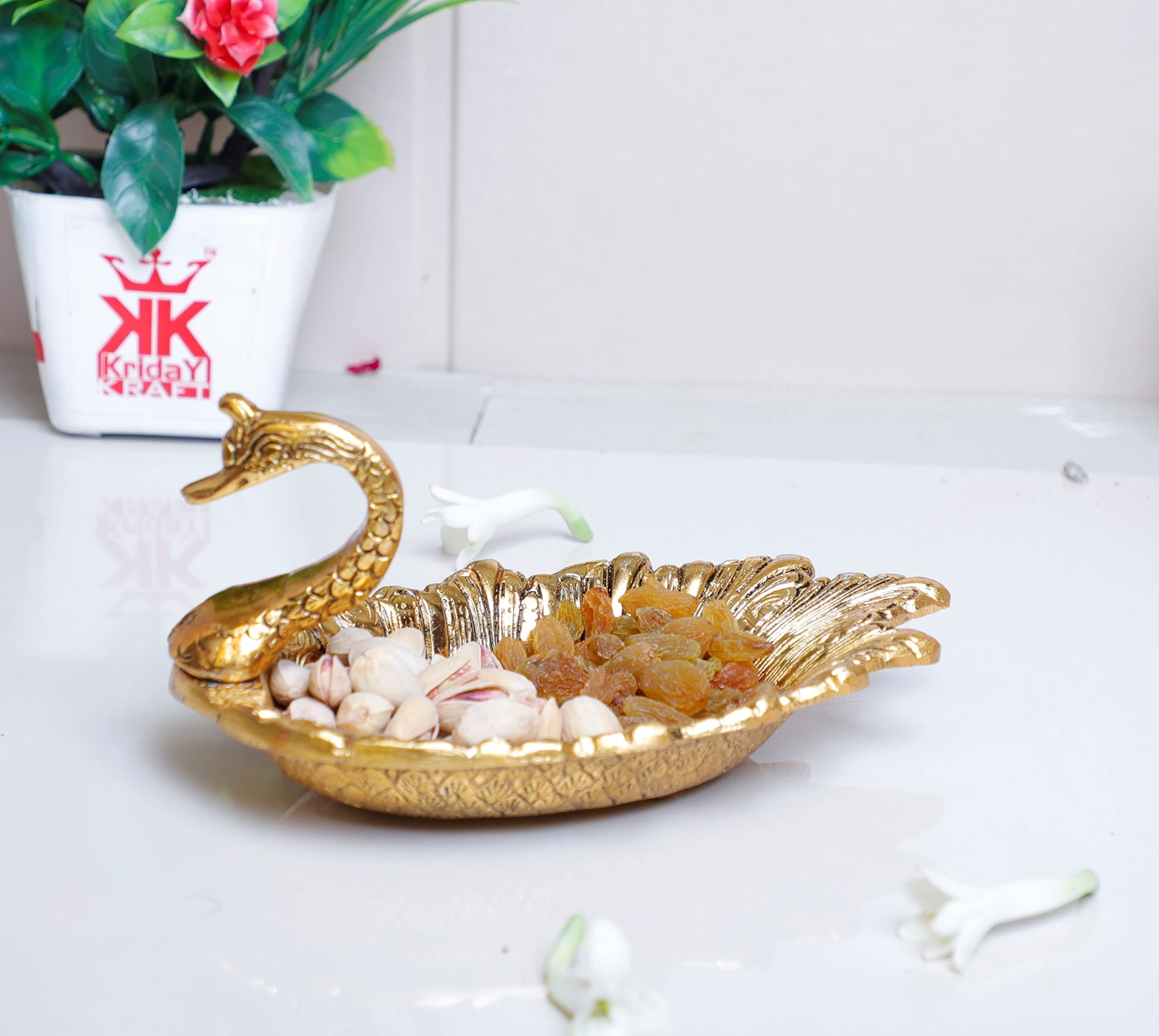 KridayKraft Decorative Golden Metal Duck Bowl – Elegant Duck-Shaped Dry Fruit Serving Tray for Table Display, Festive Centerpiece & Stylish Home Décor Accent