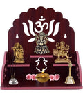 Wooden Temple Shelf with Om Symbol, Ganesha Idol, Radha Krishna and Durga Statues, Temple