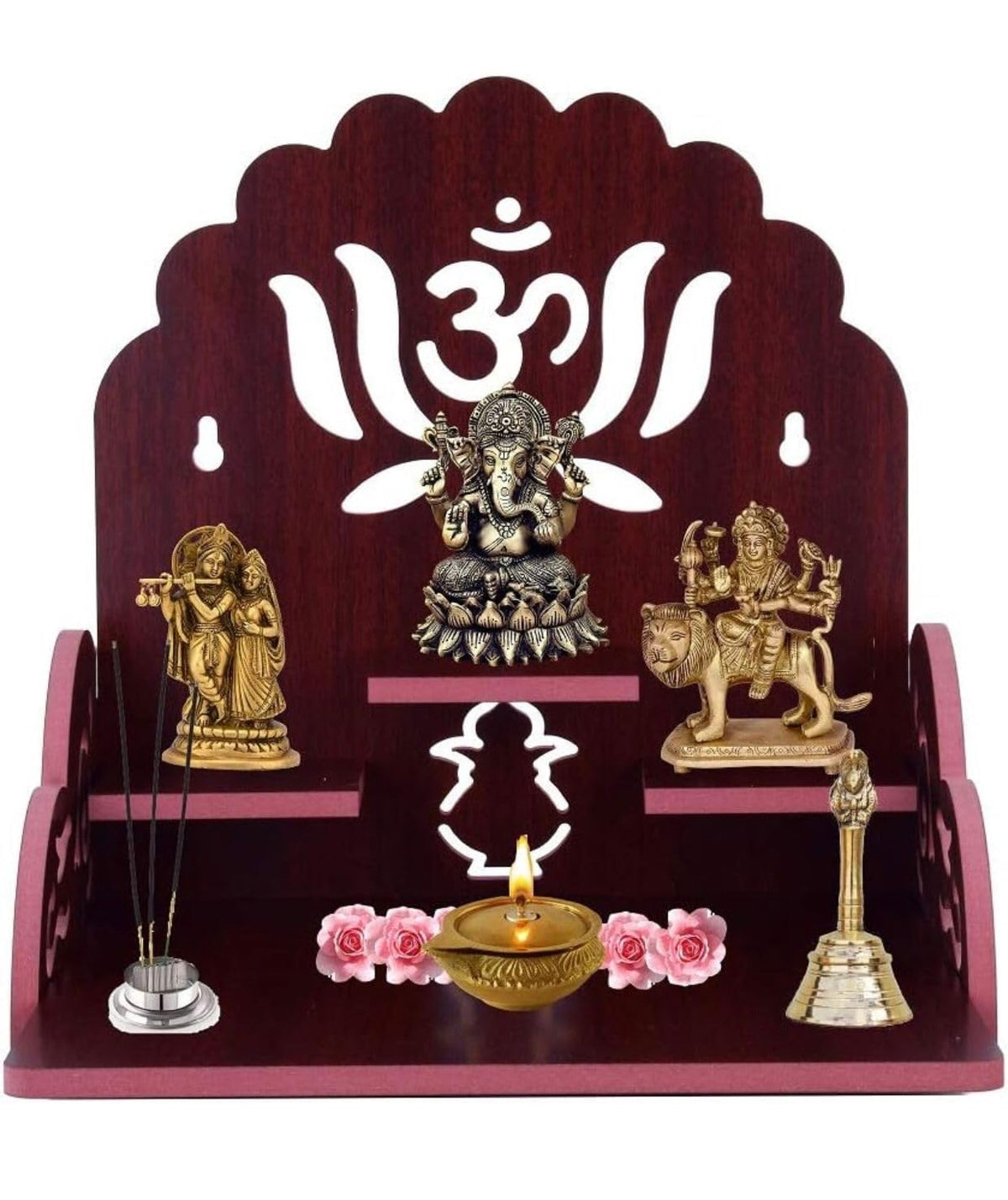 Wooden Temple Shelf with Om Symbol, Ganesha Idol, Radha Krishna and Durga Statues, Temple