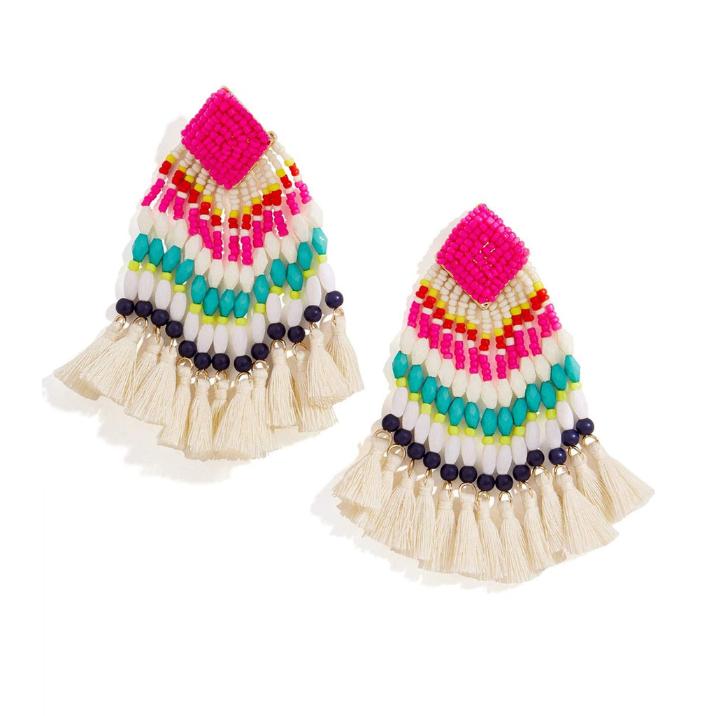 Young & Forever Gift Women's Special Boho Carnival Sea Island Long Tassel Handmade Pink Statement Beads Dangle Earrings Ethnic Jewelry