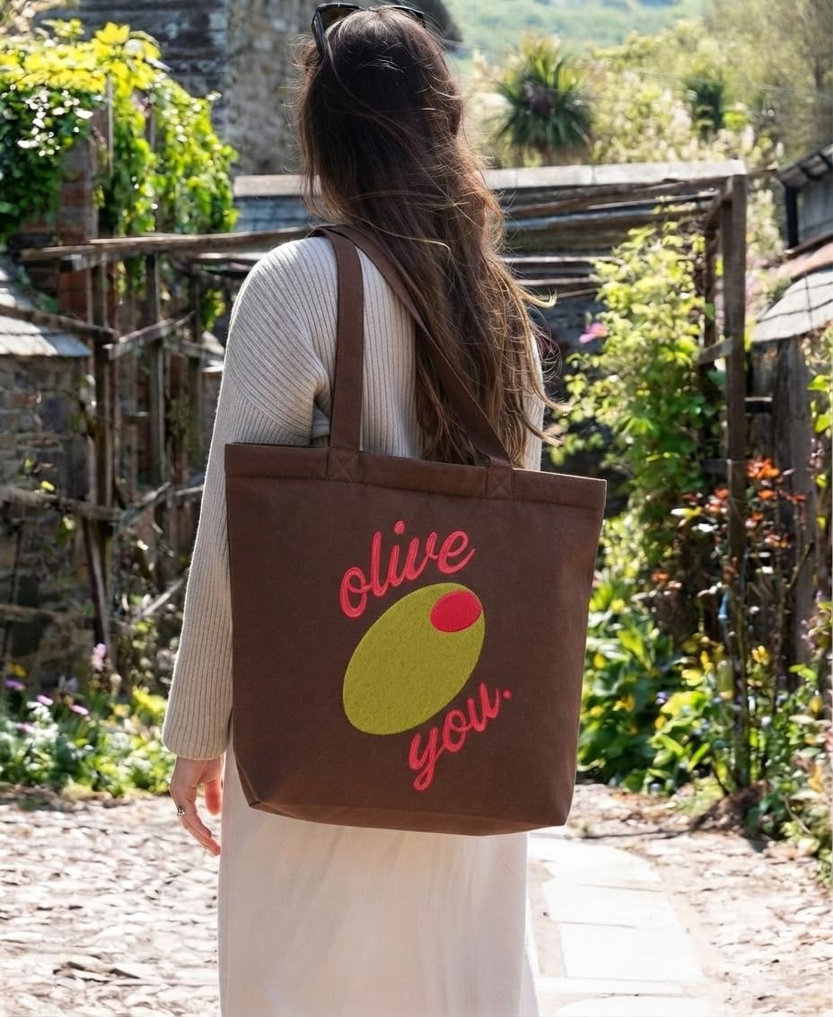MASQ Premium ToteBag for Women with Zipper | Embroidered Foldable Shoulder Bag with Multiple Pockets | Spacious Handbag for College & Office | Eco-Friendly & Reusable (AP_TB_Olive_You_01)