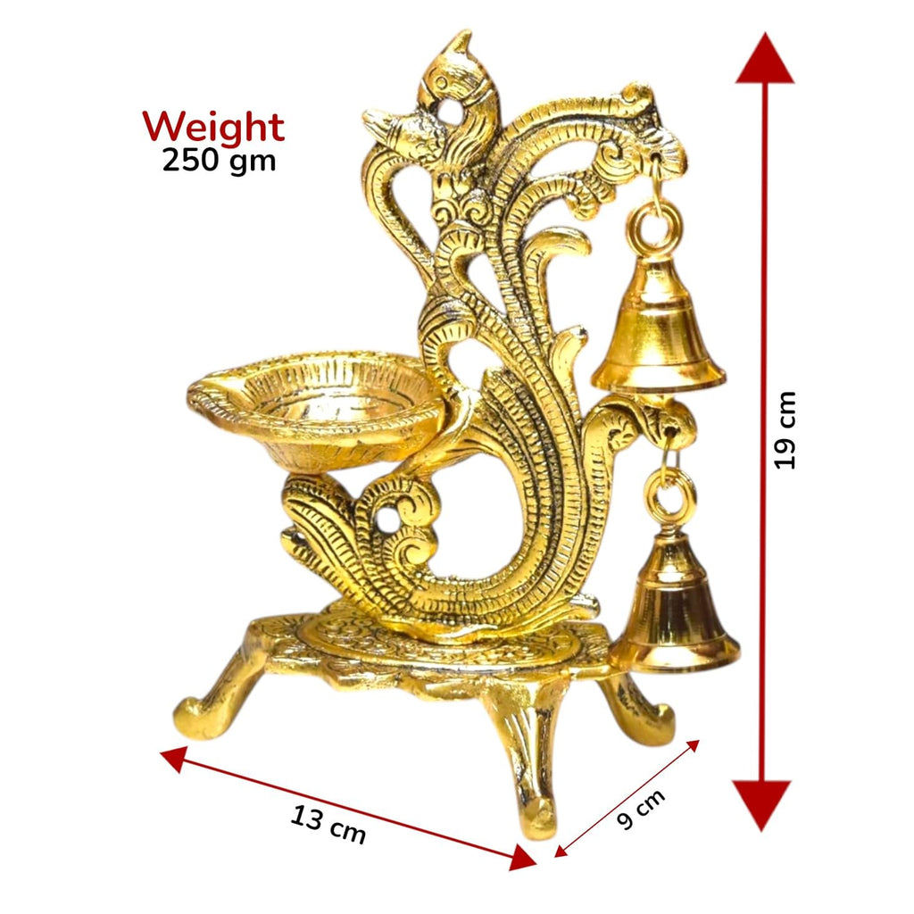 KridayKraft Aluminium Diya for Puja Room Oil Lamp in Peacock Design with Bell (Gold, Pack of 1 Pcs)