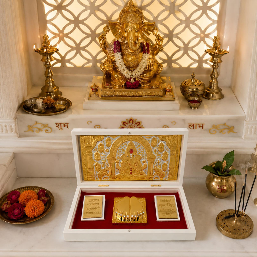 Dev Darbaar Shree Ganesh Charan Paduka Frame, 24K Gold Plated Ganesha Pocket Temple for Home & Office, Decorative Ganesh Gift Box for Pooja, Diwali, Housewarming & Spiritual Decor