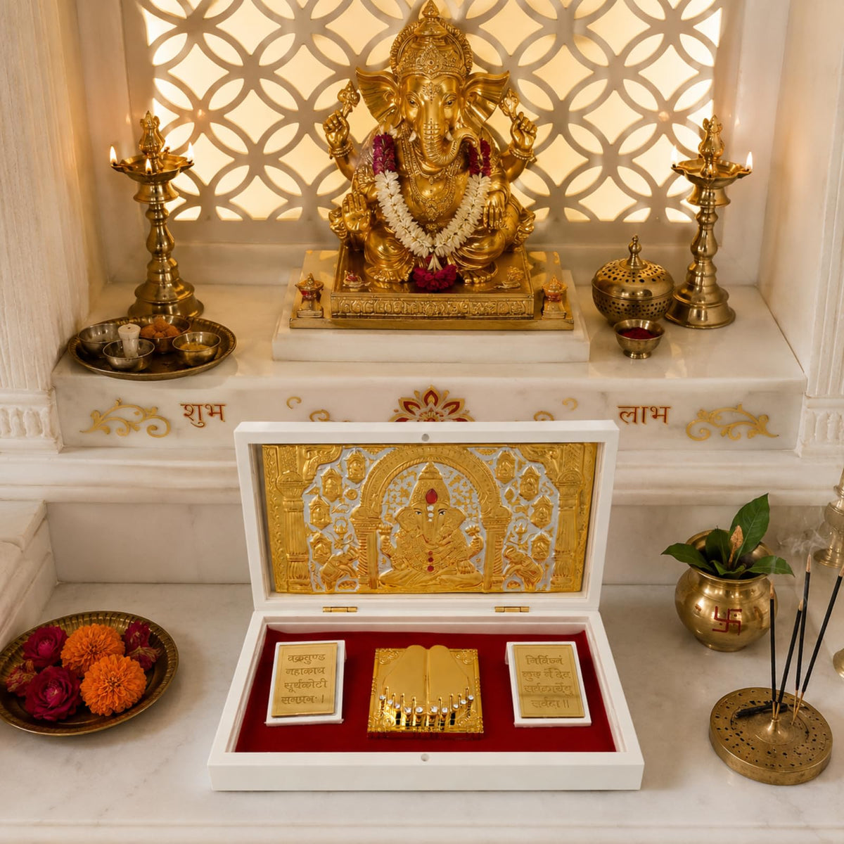 Dev Darbaar Shree Ganesh Charan Paduka Frame, 24K Gold Plated Ganesha Pocket Temple for Home & Office, Decorative Ganesh Gift Box for Pooja, Diwali, Housewarming & Spiritual Decor