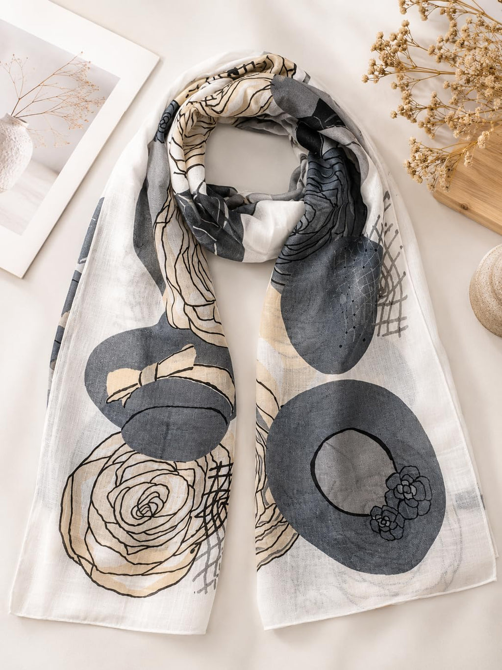 Brightonce Fashion Women’s Abstract Floral Printed Scarf | Beige, Grey & Off White Lightweight Stole Shawl Dupatta | Elegant Head Wrap & Hijab Scarf