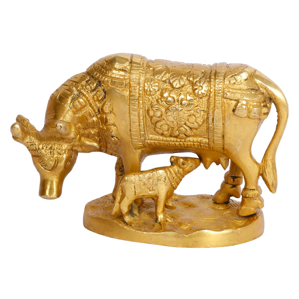 ARTVARKO Brass Cow and Calf Statue Kamdhenu Vastu Gau MATA Idol, Vastu Nandi Pooja Figurine Gold Color 5 Inch.
