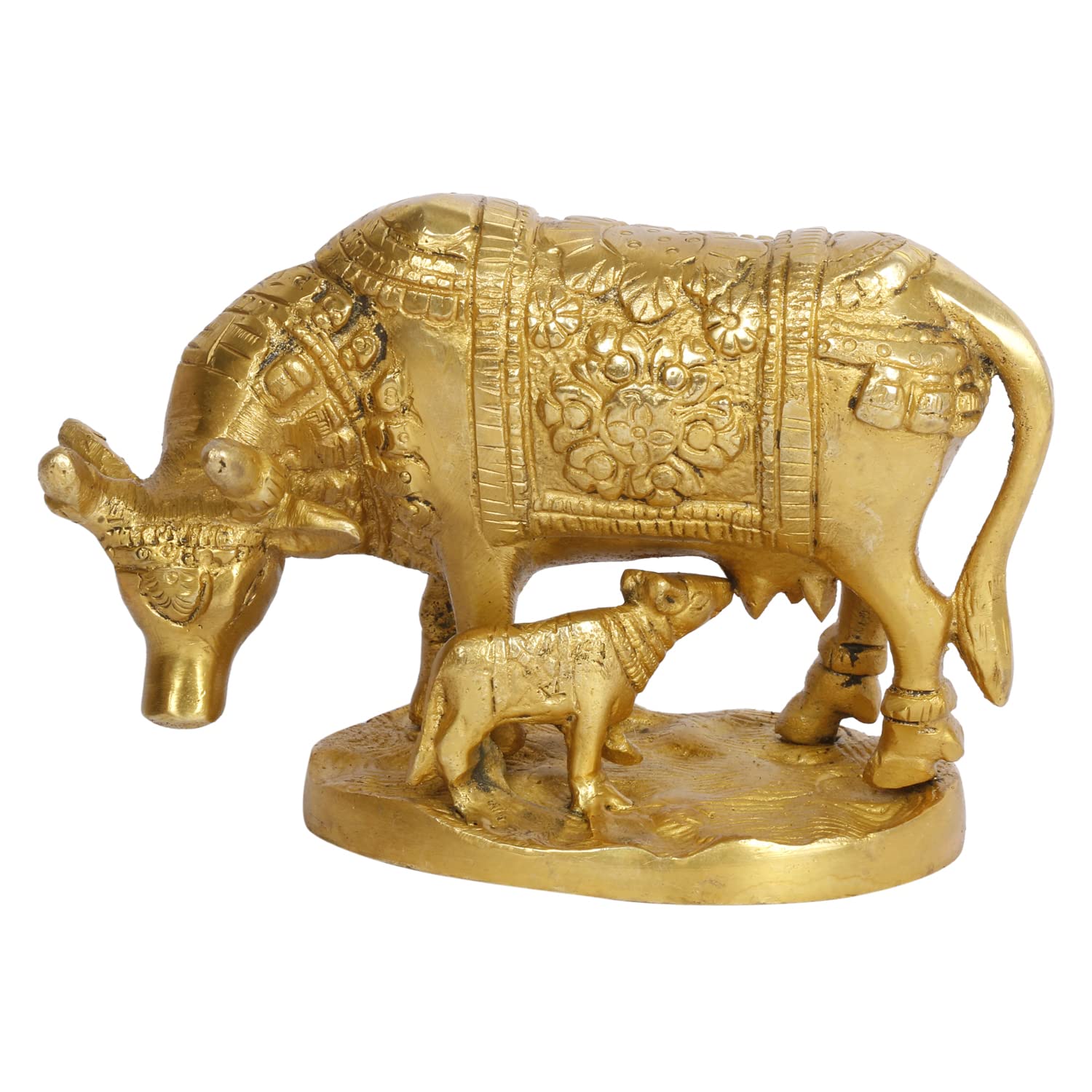 ARTVARKO Brass Cow and Calf Statue Kamdhenu Vastu Gau MATA Idol, Vastu Nandi Pooja Figurine Gold Color 5 Inch.