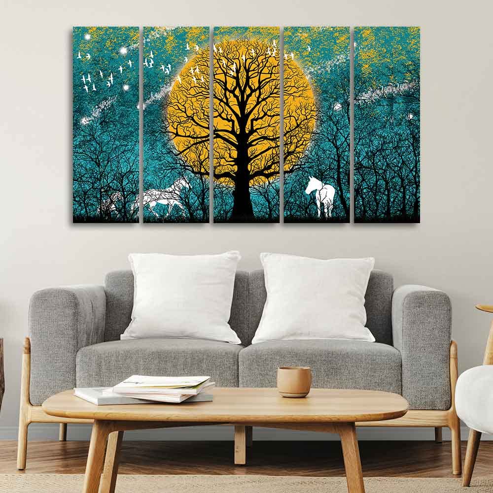 VIBECRAFTS Beautiful White Horses in Forest Premium Wall Painting of Five Pieces For Home|Office|Living Room|Gift (PTVC5Pcs4_8704)