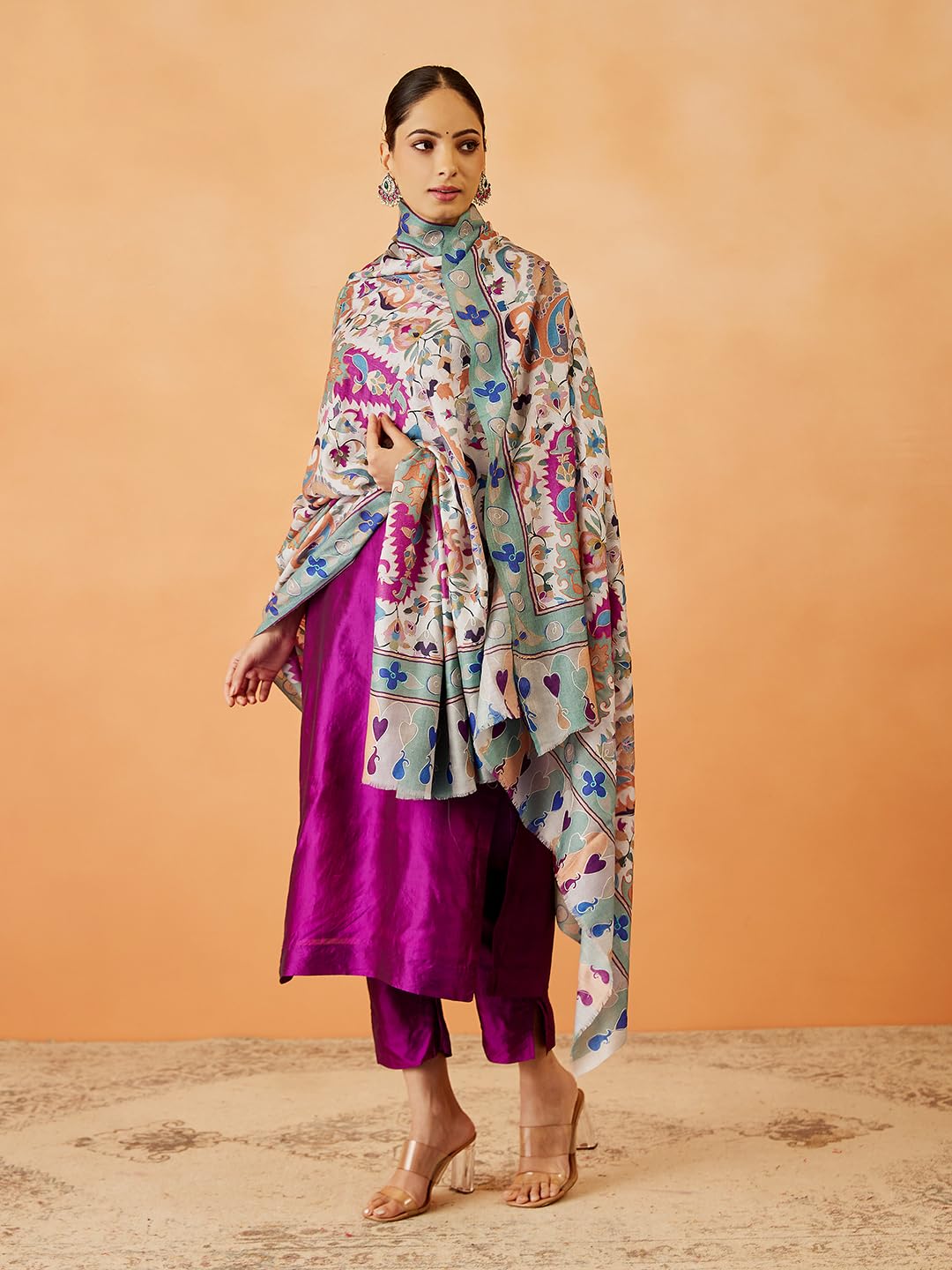 Pashmoda Women Zehra Fine Wool Fabric Pashmina Kalamkari Embroidered Shawl, Stole and Wrap, Sustainable and Natural Fabric, Heritage Kashmiri Pashmina(Size 40x80)