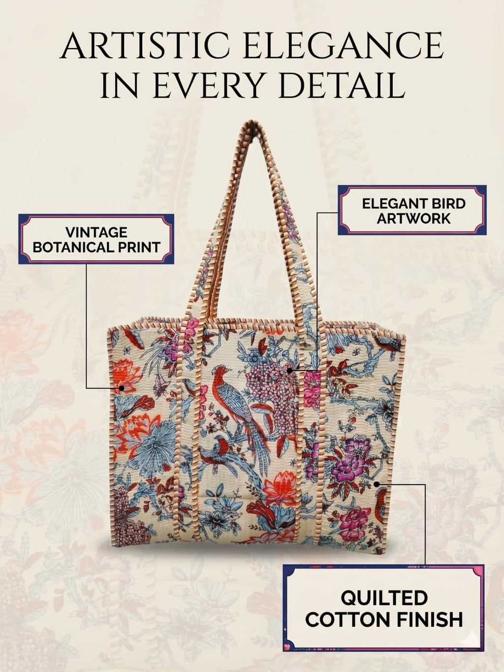 Raj Handicrafts Cotton Printed Tote Bag,Hand Bag Multicolor Quilted Hand Block Floral Printed Women's Carry Bag Shoulder Shopping Tote Bags 18x5.5x16 Inch (Peach 1)