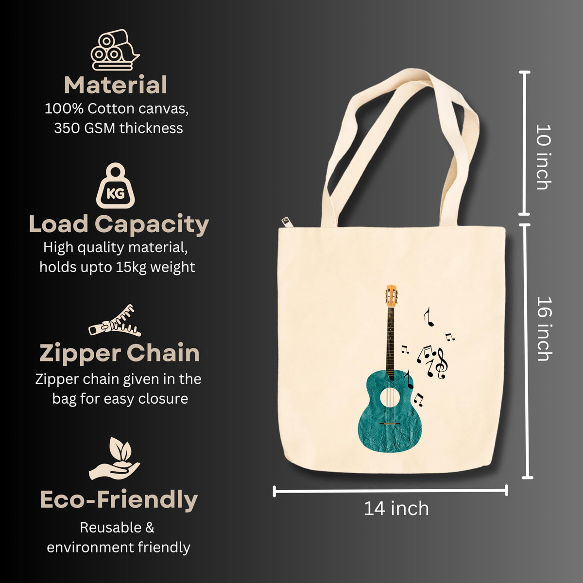 snapiq COTTON 350 GSM Canvas Tote Bag for Women and Girls Thick Fabric with Zipper (Beige, Guitar1)
