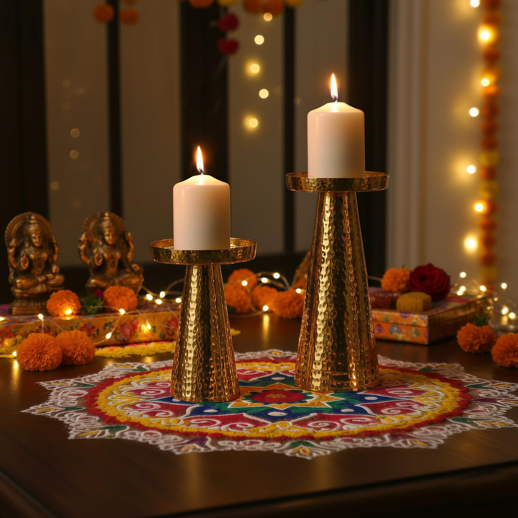 TIED RIBBONS Set of 2 Handcrafted Pillar Candle Stand for Home Décor Table Top Living Room Showpiece for Wedding & Festive Decoration | Decoration Item for Home, Gifts Item
