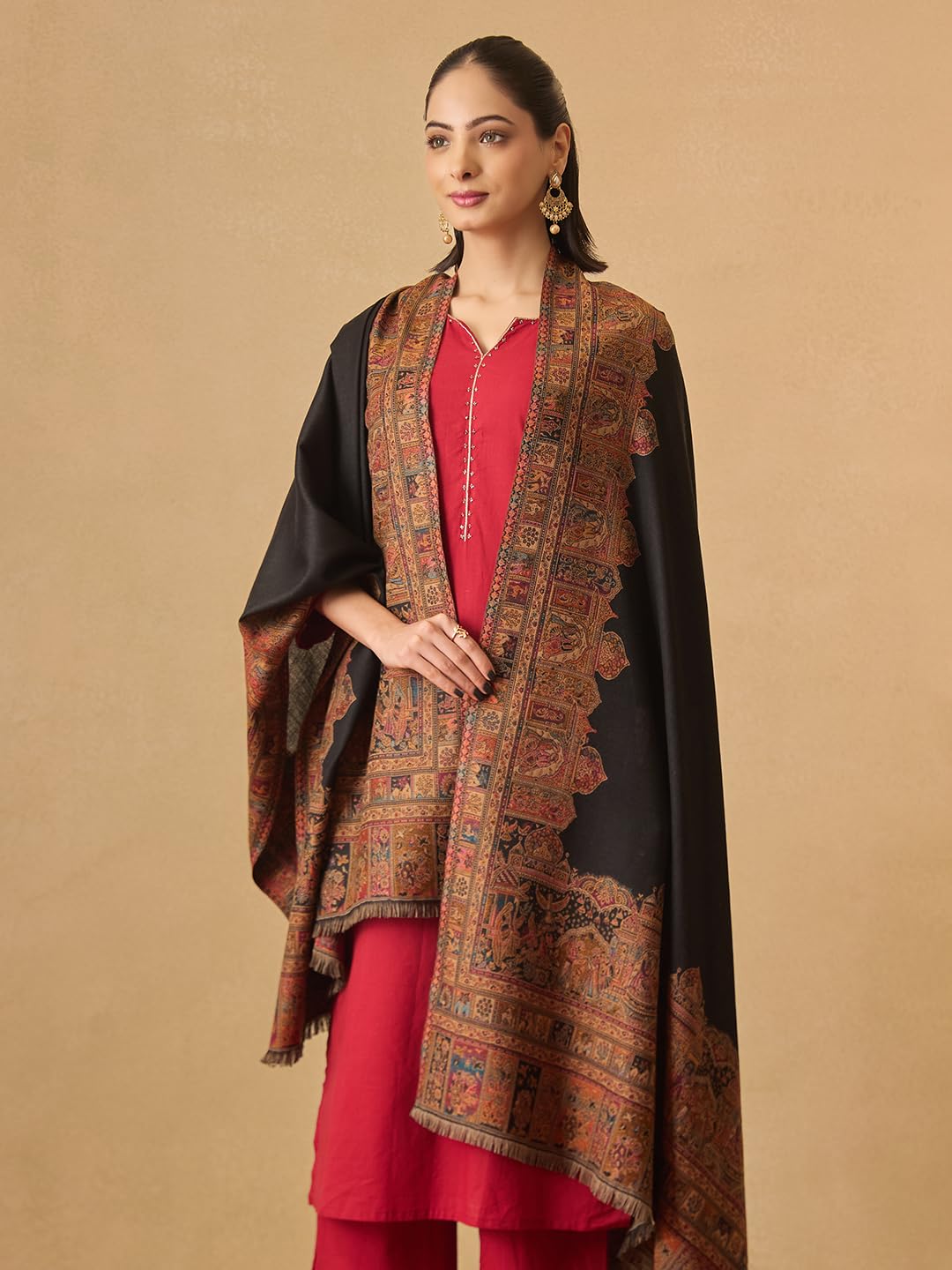 Pashmoda Women Arcadia Borders Kashmiri Jamawar Woven Design Shawl (Size: 40x80in, 101x203cm) SECS55