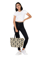 AQVA Cotton Canvas Tote Bag for Women with Side Pockets | Trendy Stylish Multipurpose Handbag with Zipper | Shoulder Bag for Shopping, Travel and Work | Jaali, Black