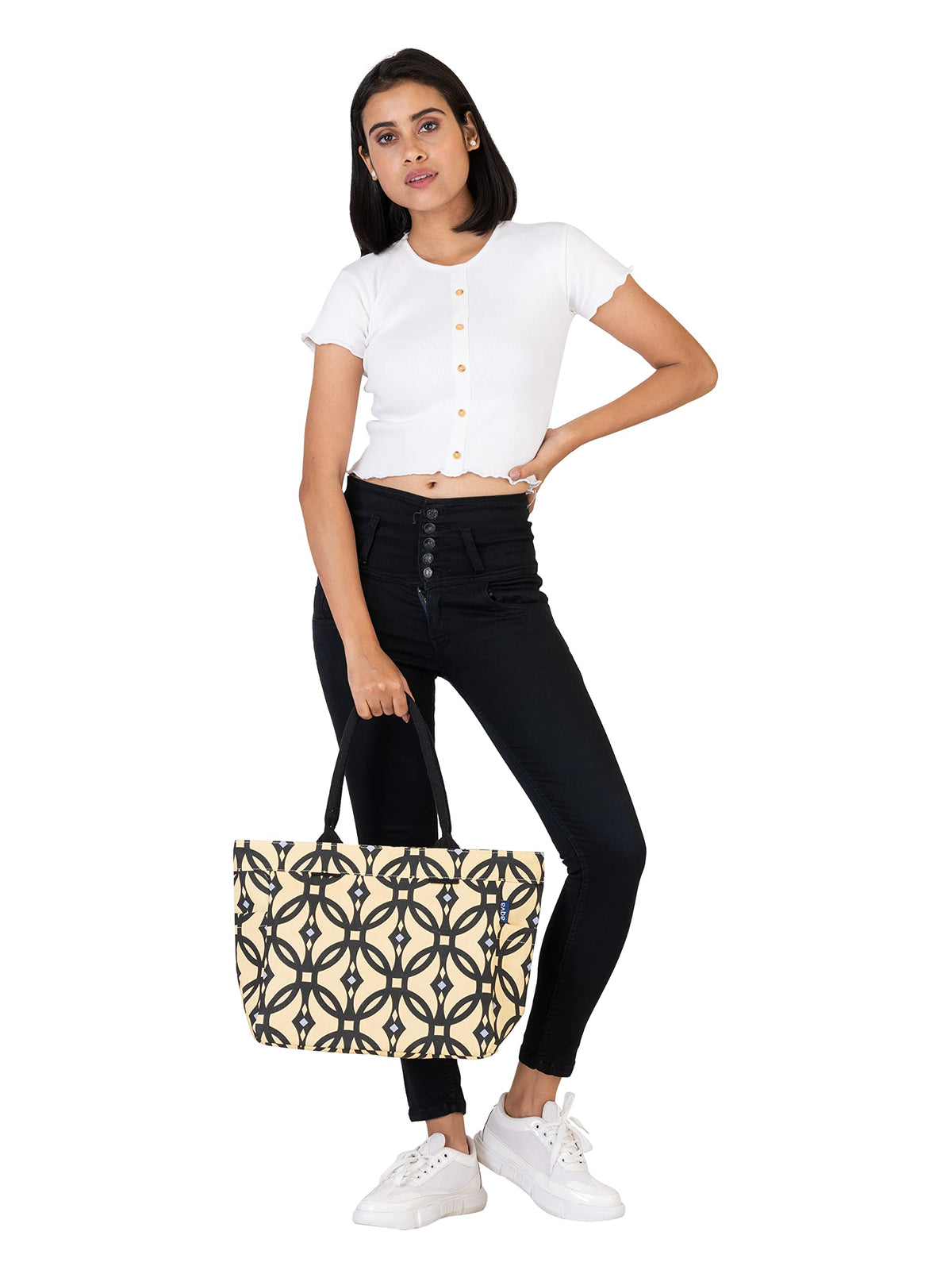 AQVA Cotton Canvas Tote Bag for Women with Side Pockets | Trendy Stylish Multipurpose Handbag with Zipper | Shoulder Bag for Shopping, Travel and Work | Jaali, Black