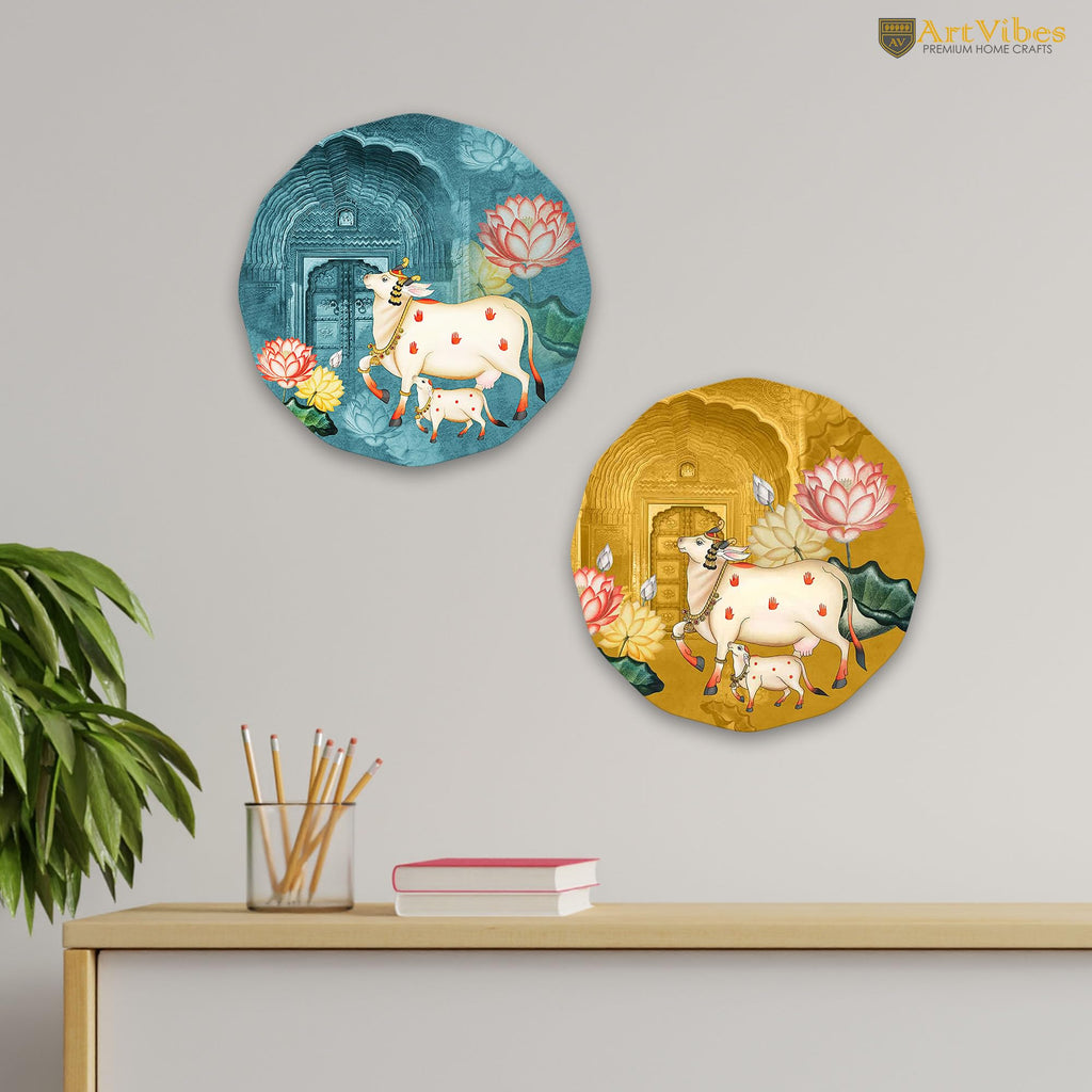 Artvibes Sacred Cow Pichwai Art Round Shape MDF Wooden Wall Decor Items | Living Room | Office | Handcrafted Art | Wall Accent | Artworks Hangings | Gift Items (WH_8813N), Set of 2