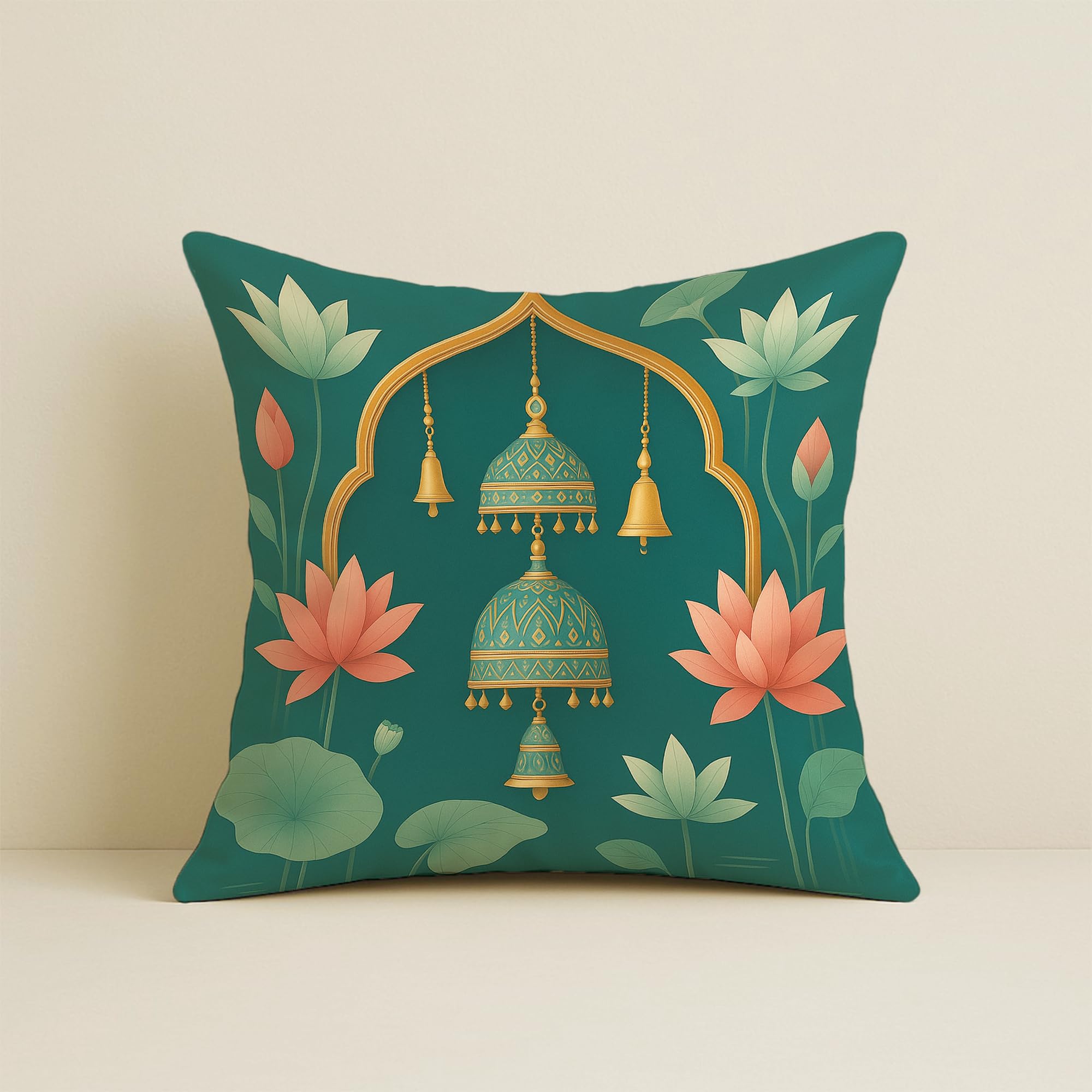 STITCHNEST Satin Cushion Covers Green Ethnic Print with Cow, Lotus & Bell Art, 16x16 Inch (Pack of 2)