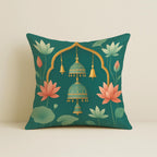 STITCHNEST Satin Cushion Covers Green Ethnic Print with Cow, Lotus & Bell Art, 16x16 Inch (Pack of 5)