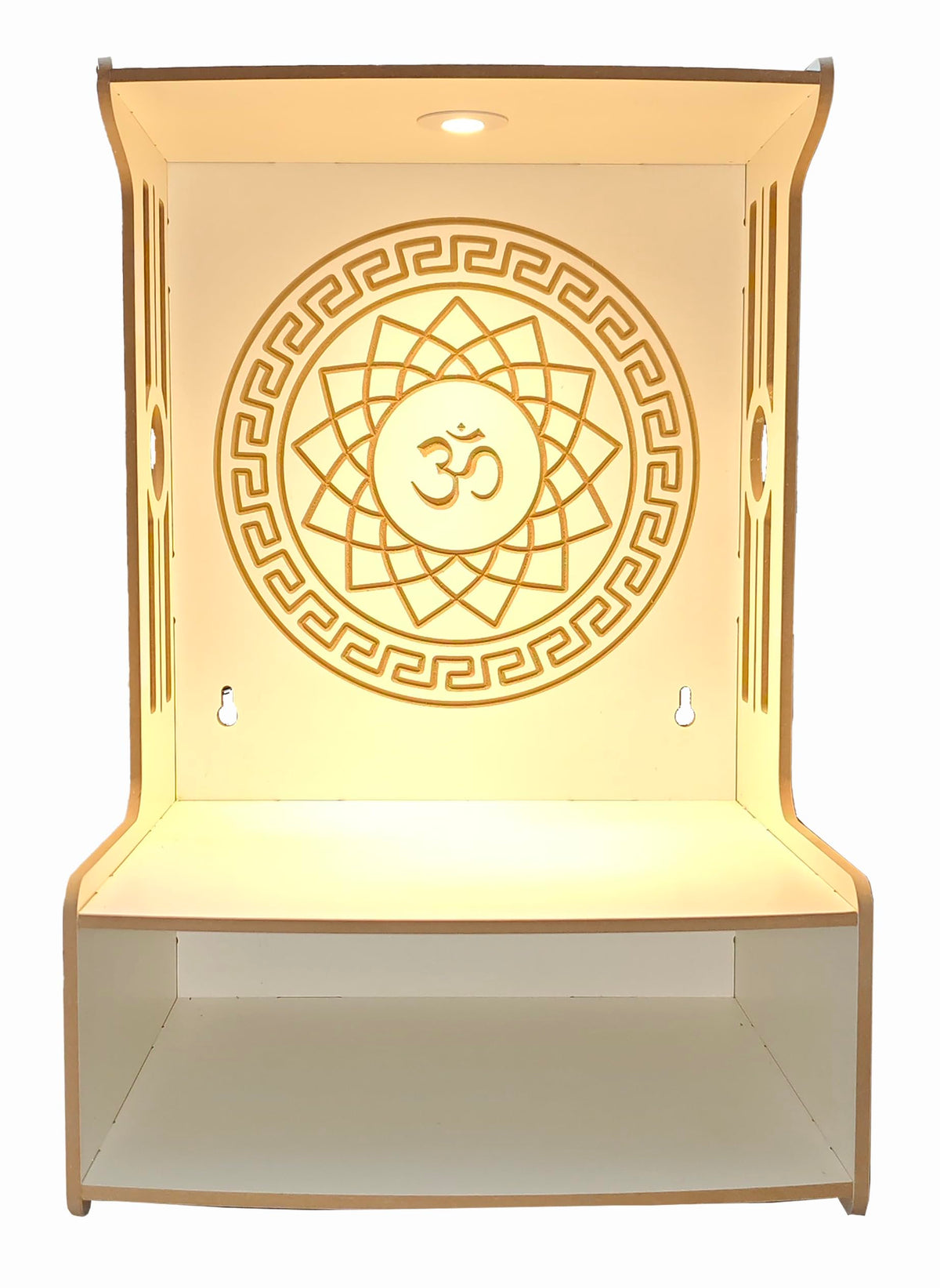 Alpine Willow Wooden Wall Mounted Pooja Mandir with LED Spotlight | Engineered Wood Temple for Home | Frosty White Finish | DIY Assembly | (H-18, W-12, D-12 inch)