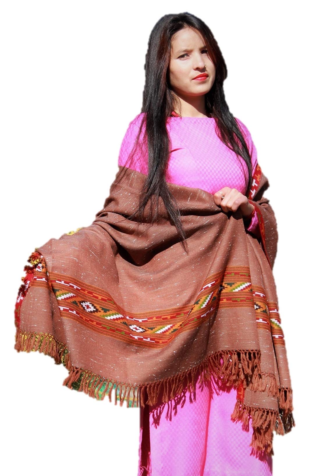 HImalayanKraft Hand Woven Kullu Handloom Woolen Shawl Brown Colored with Beautiful Kullu Weaving Designed for Women and Girls.