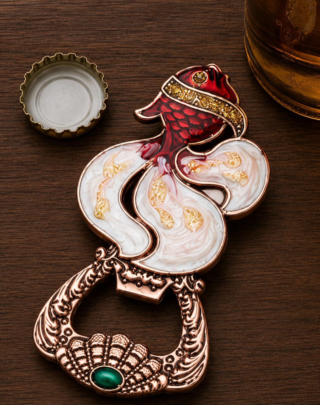 DECOR NEST Luxury Fish Bottle Opener with Refrigerator Magnet | Decorative Metal | Beer Opener with Crystal Stone Embellishments | Vintage Style Home Bar Accessory (RED Copper Fish)