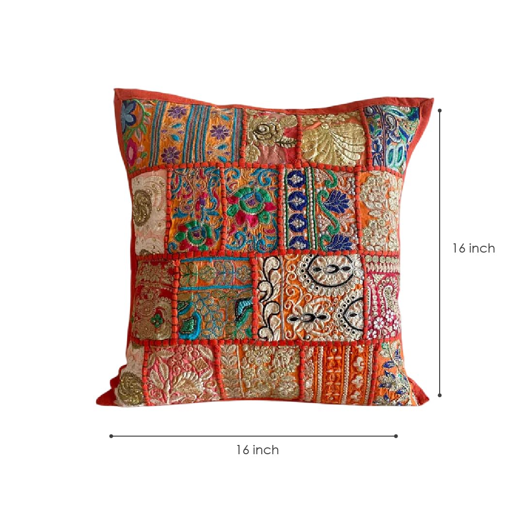 ATRANGI STUDIO Patchwork Cushion Covers - Set of 5 | Assorted Handcrafted Khambadiya Patchwork | Rajasthani Art Pillow Cover | Ethnic Cushion Covers for Sofa, Bed & Home Decor | 16x16 Inch, Multicolor