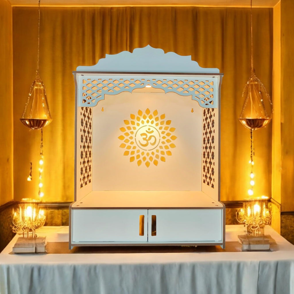 Devson Beautiful Wooden Temple | White MDF Pooja MANDIR for Home and Office use with LED SPOT Light | Engineered Wood Pooja Stand with Storage Shelves | Size - H 21 x L 16 x W 9 inch | S15DRWRW