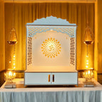 Devson Beautiful Wooden Temple | White MDF Pooja MANDIR for Home and Office use with LED SPOT Light | Engineered Wood Pooja Stand with Storage Shelves | Size - H 21 x L 16 x W 9 inch | S15DRWRW
