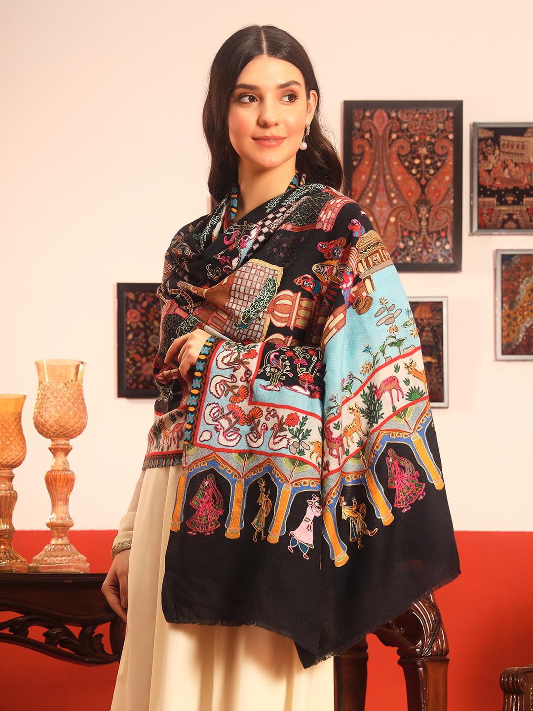 Pashmoda Women Mughal Bagh 100% Pure Wool Fabric Kalamkari Embroidered Shawl (Size: 40x80in, 101x203cm) KAS22