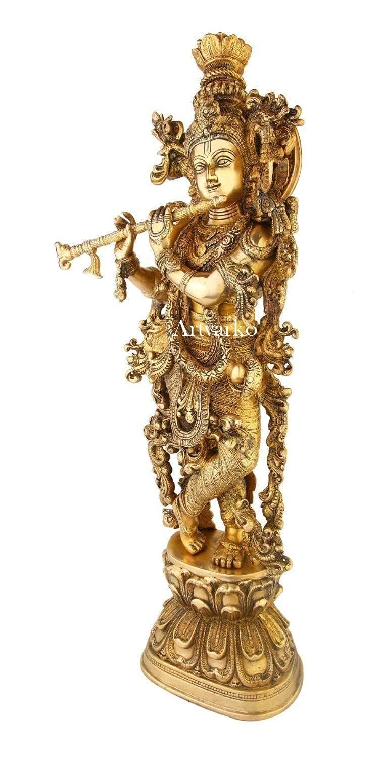SVARUP Brass Krishna Idol in Gold Color Height 29 Inch