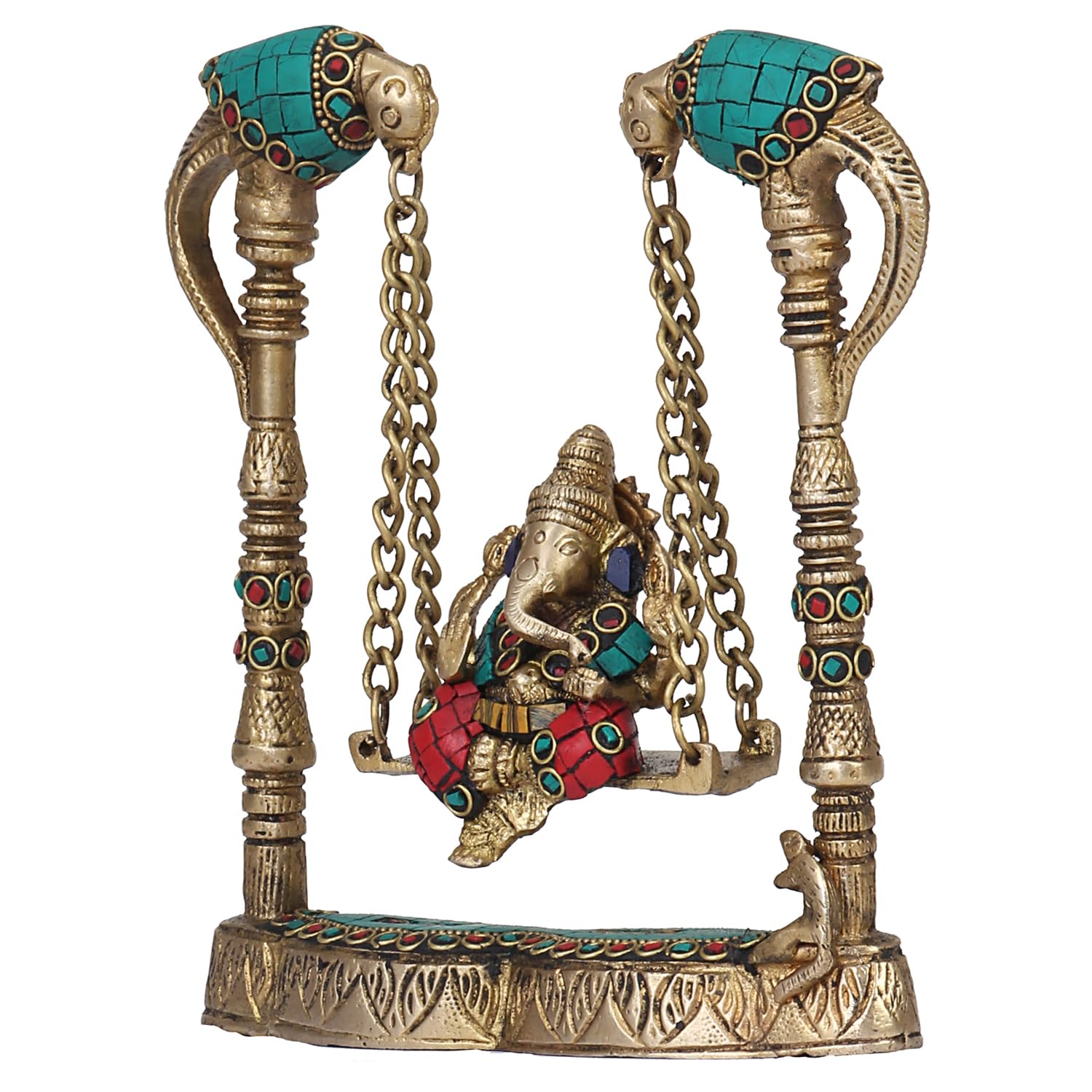 SVARUP Brass Ganesha on Jhoola Ganesh Swing Decor Showpiece Handcrafted Statue 8 Inch, Multicolor