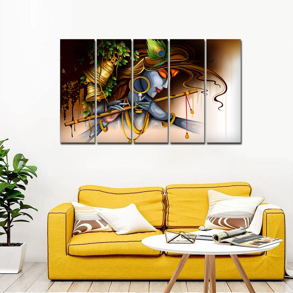 VIBECRAFTS Krishna Playing Bansuri 5 Pieces Canvas Wall Painting For Home | Office | Living Room | Gift (PTVC5Pcs4_8505)
