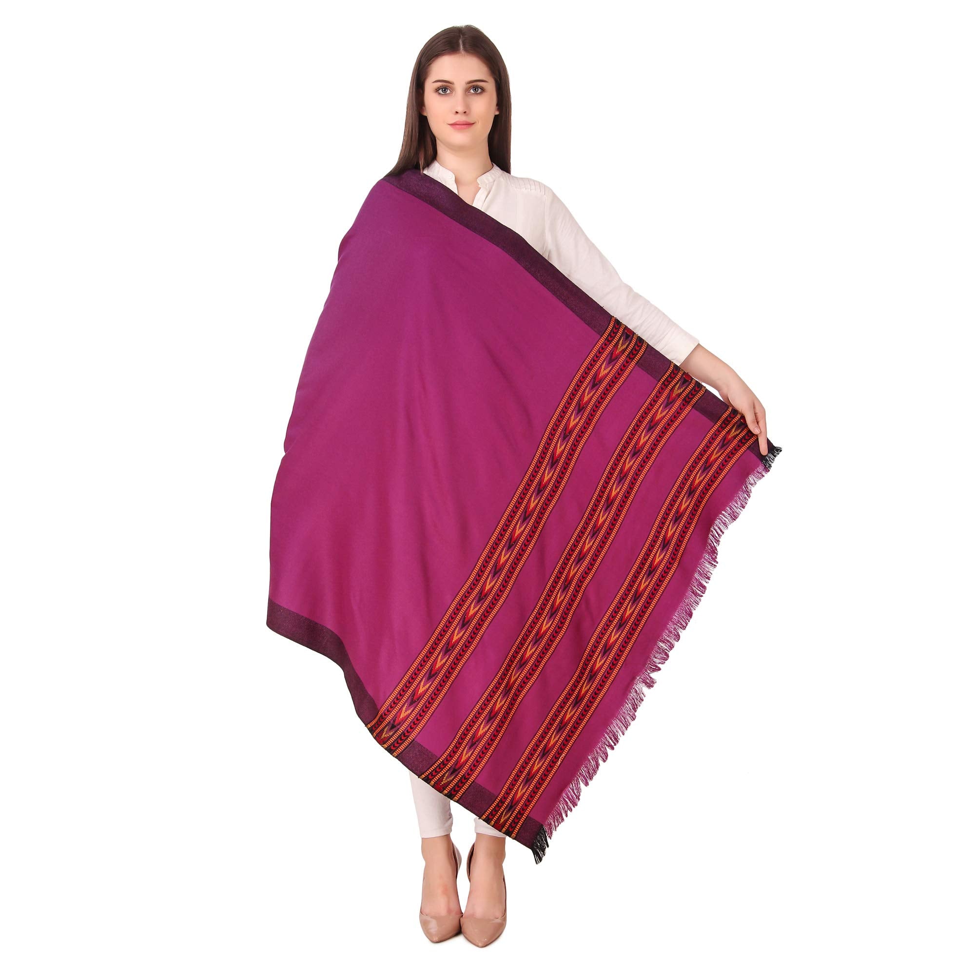 BRAVEZI Women's Woolen Kullu Design Border Shawls (Purple)
