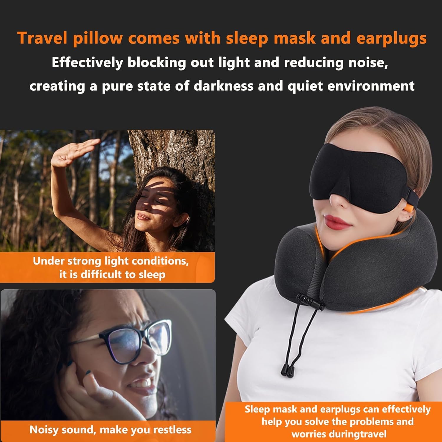 TRAVALATE Square Shape Travel Neck Pillow and Sleeping Eye Mask Combo–Black