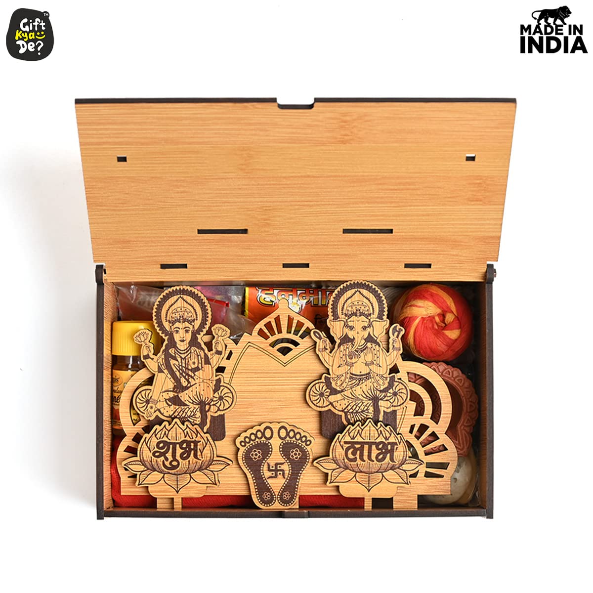 GKD Gift Hamper Special Mini Mandir with Pooja Samagri, 2 Diya's - Wooden Gift Box with Storage Temple Traditional Design with Space to Keep Dry Fruits, Chocolates/Hanging Mandir (Bamboo Big Size)