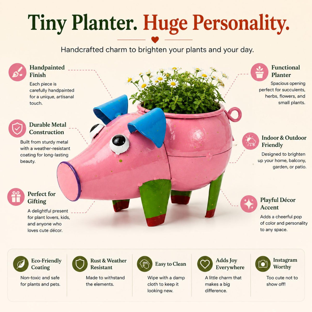 ATRANGI STUDIO Pig Shape Handpainted Metal Planter | Decorative Planter for Indoor Outdoor Plants | Perfect for Succulent | Home, Balcony, Garden Decor | 7×4×4.5 inches (Pink)