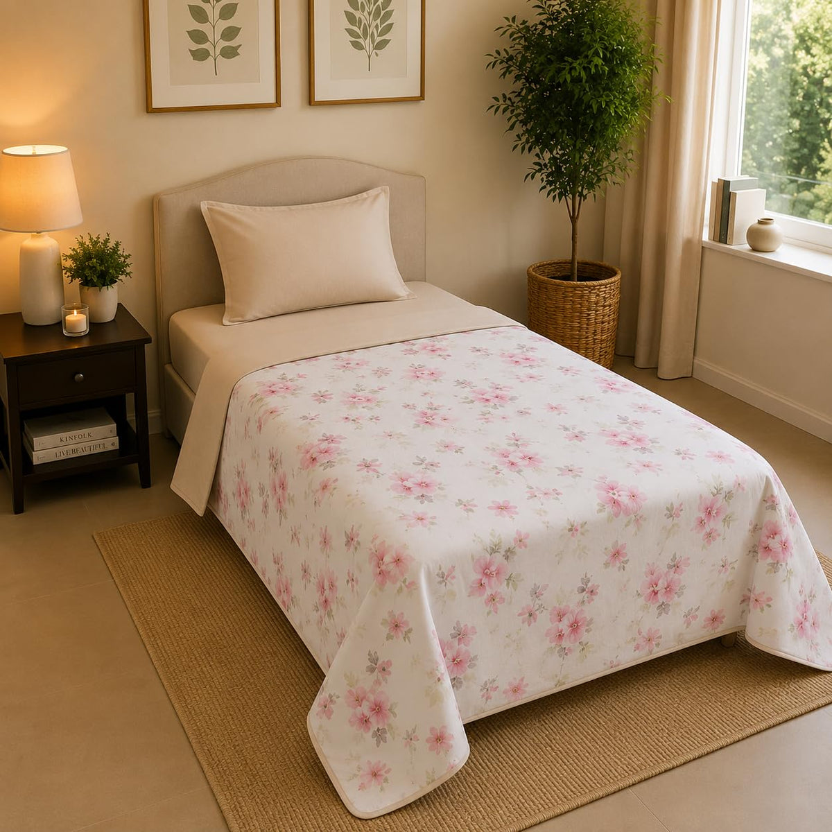 Linen Home Reversible Dohar Single Size Floral Pink & Sand Shell Kafalo