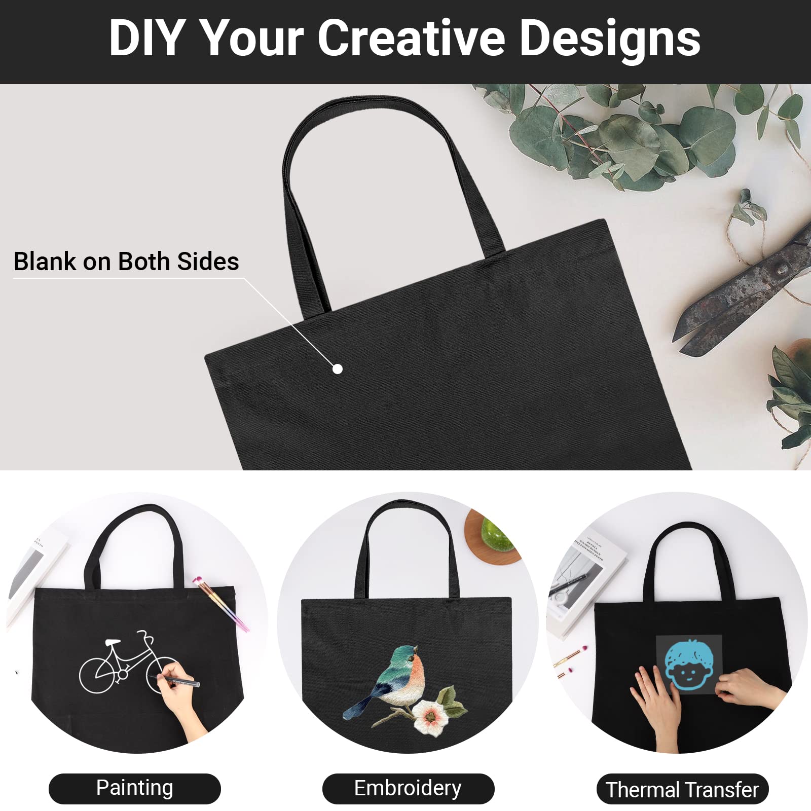 Segarty Black Canvas Tote Bag, 3 Packs 16x15 inch Canvas Bags with Zipper, 12Oz Heavy Duty Reusable Washable Grocery Shopping Bag with Handle, Blank Cotton Bags for Kids DIY Crafts Painting Bulk