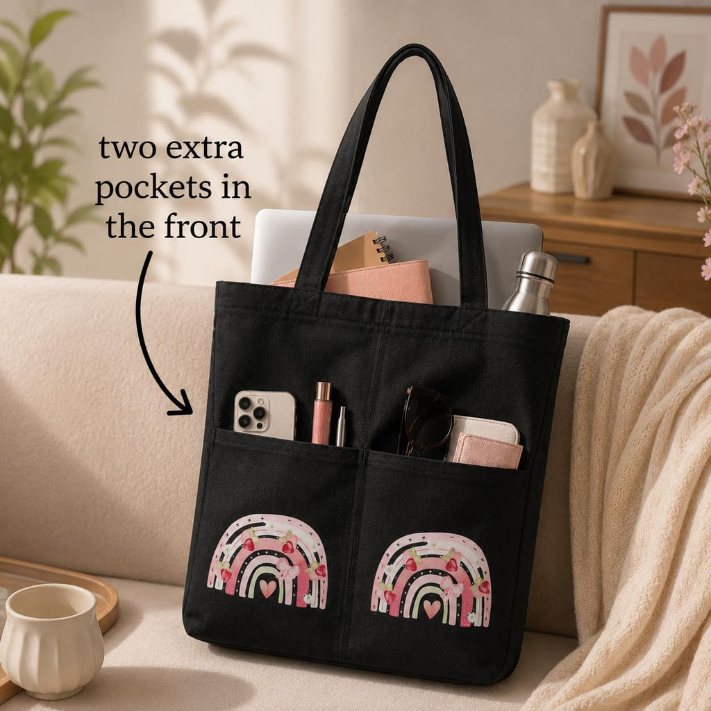 Suryatra Noir Whimsical Rainbow Canvas Tote Bag for Women & Men | Premium Cotton Canvas Shoulder Bag with Dual Front Pockets | Tote Bag for Office, College, Shopping & Travel | Black | 14 x 16 Inches