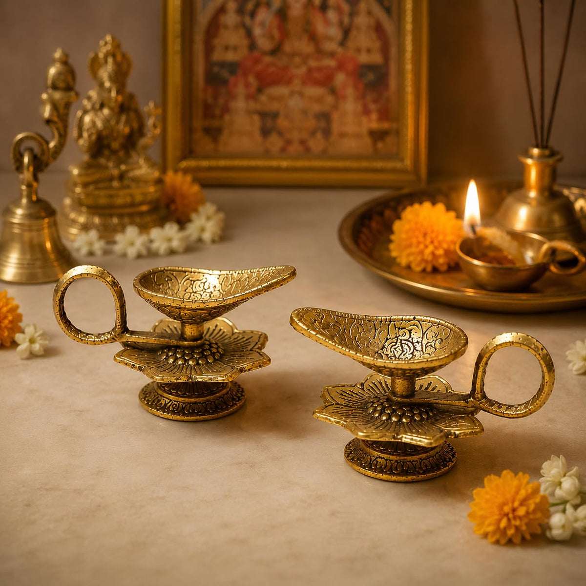 KridayKraft Aluminium Flower Diya for Puja | Pooja Accessory for Home Mandir (Gold)