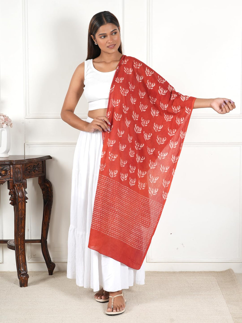Gutthi Women's Red Cotton Stoles | Scarf Lightweight & Comfortable for All Seasons, Size (100X180 CM)