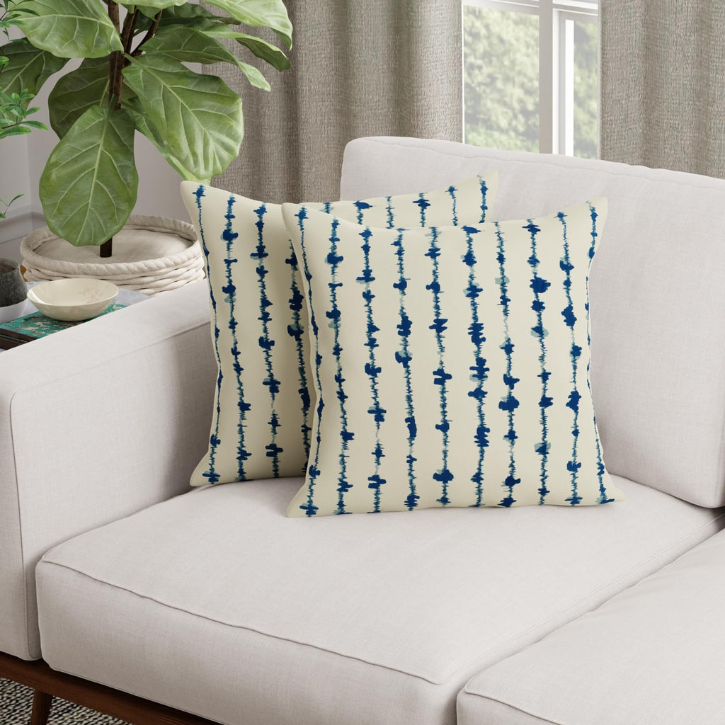 HUESLAND Premium Cotton Cushion Cover 16 x 16 inch Set of 2 | Decorative Throw Pillow Covers for Sofa, Living Room & Bedroom | Blue Vertical Stripes