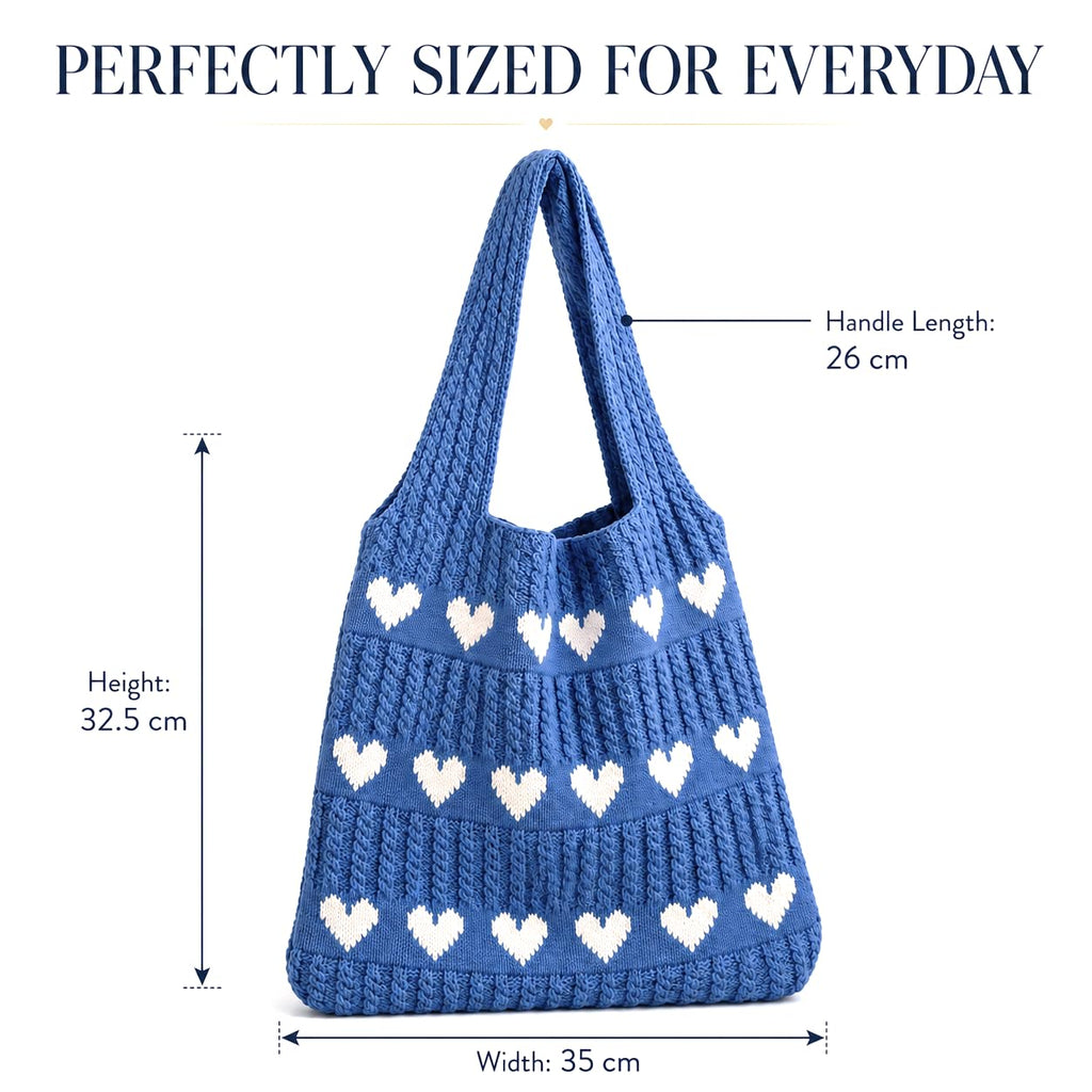 Kawn® Premium Knitted Heart Pattern Tote Bag Large Stylish and Durable Trendy bag for Everyday Use Beach Shopping Travel Work – Comfortable and Trendy Design (Blue)