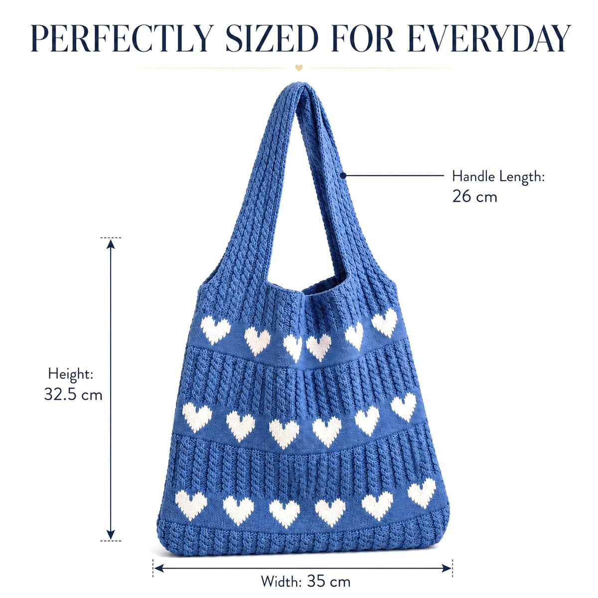 Kawn® Premium Knitted Heart Pattern Tote Bag Large Stylish and Durable Trendy bag for Everyday Use Beach Shopping Travel Work – Comfortable and Trendy Design (Blue)