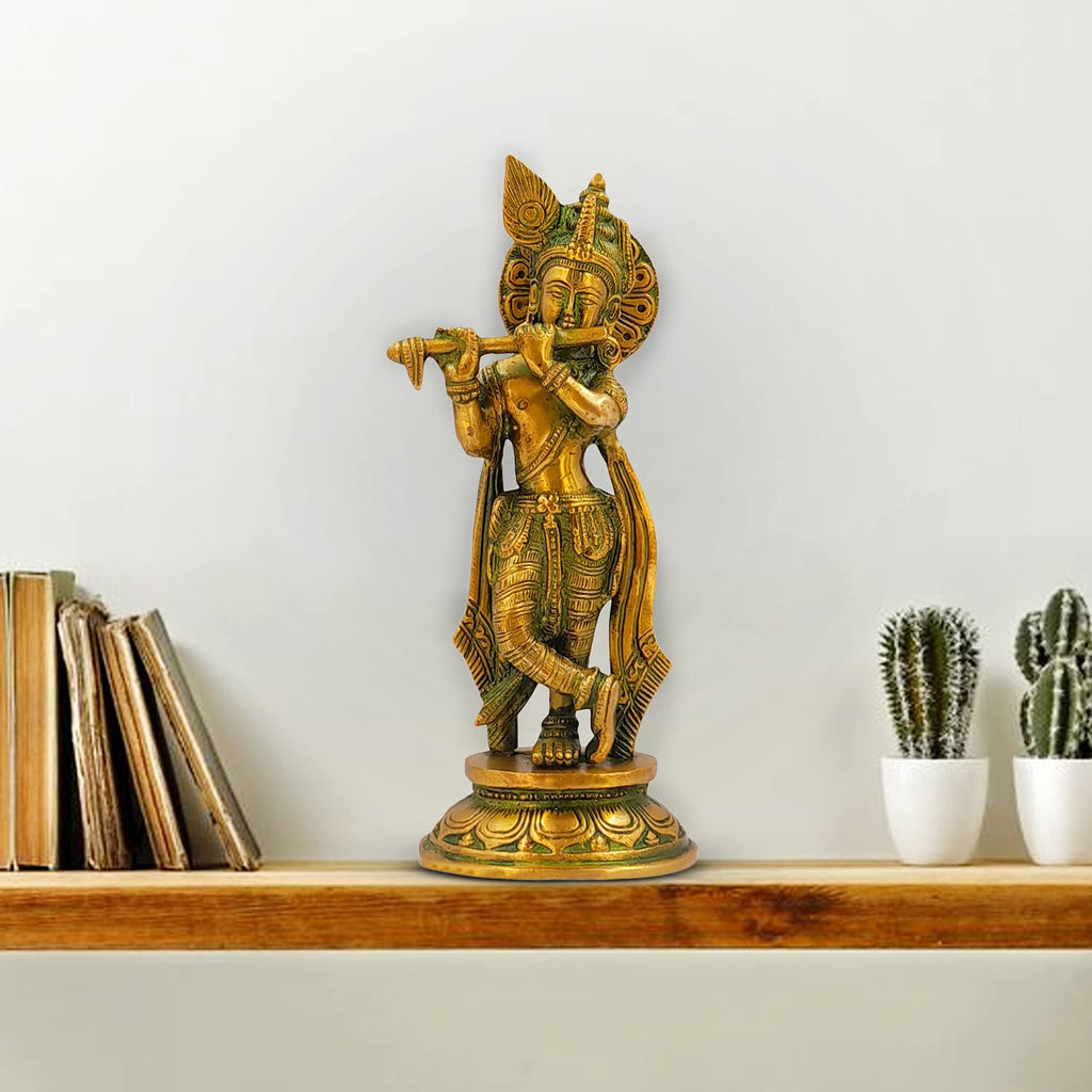 ARTVARKO Krishna Bhagwan Murti Idol Flute Playing Posture on Beautiful Pedestal Home Decor Entrance Statue Brass with Greenish Gold Finish Height 9 Inches