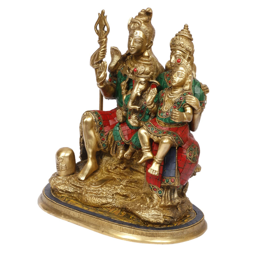 Artvarko Lord Shiva Parvati, Ganesha and Kartikeya Murti Brass Inlay Stone Work Shiv Parivar Family Sitting Idol for Shivratri/Mahashivratri Diwali Temple Puja Gifts 12 Inches